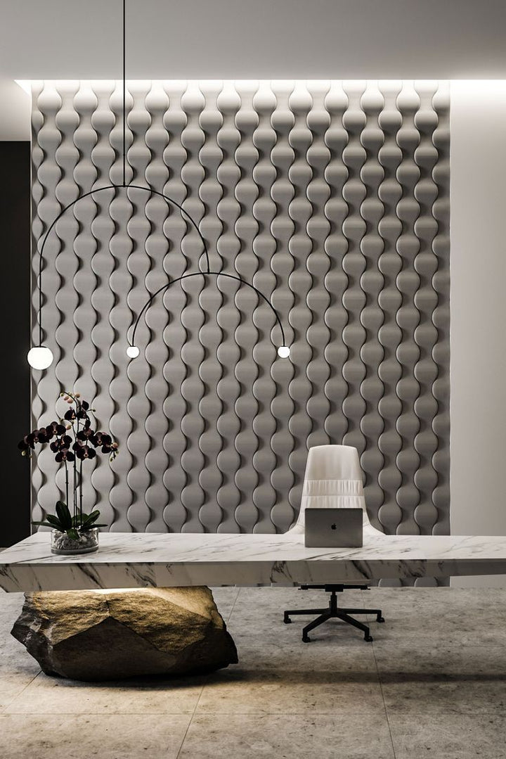 3D cement feature wall tiles applied in a modern office interior