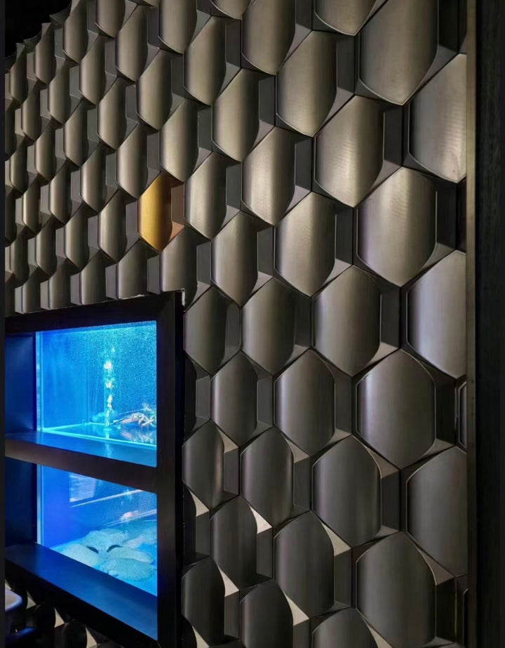 Hexagon-shaped 3D cement wall panels creating a sculptural feature wall