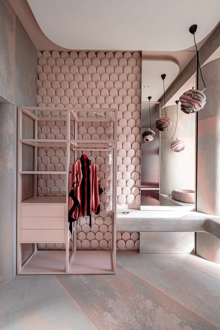 3D cement wall tiles enhancing a residential interior feature wall