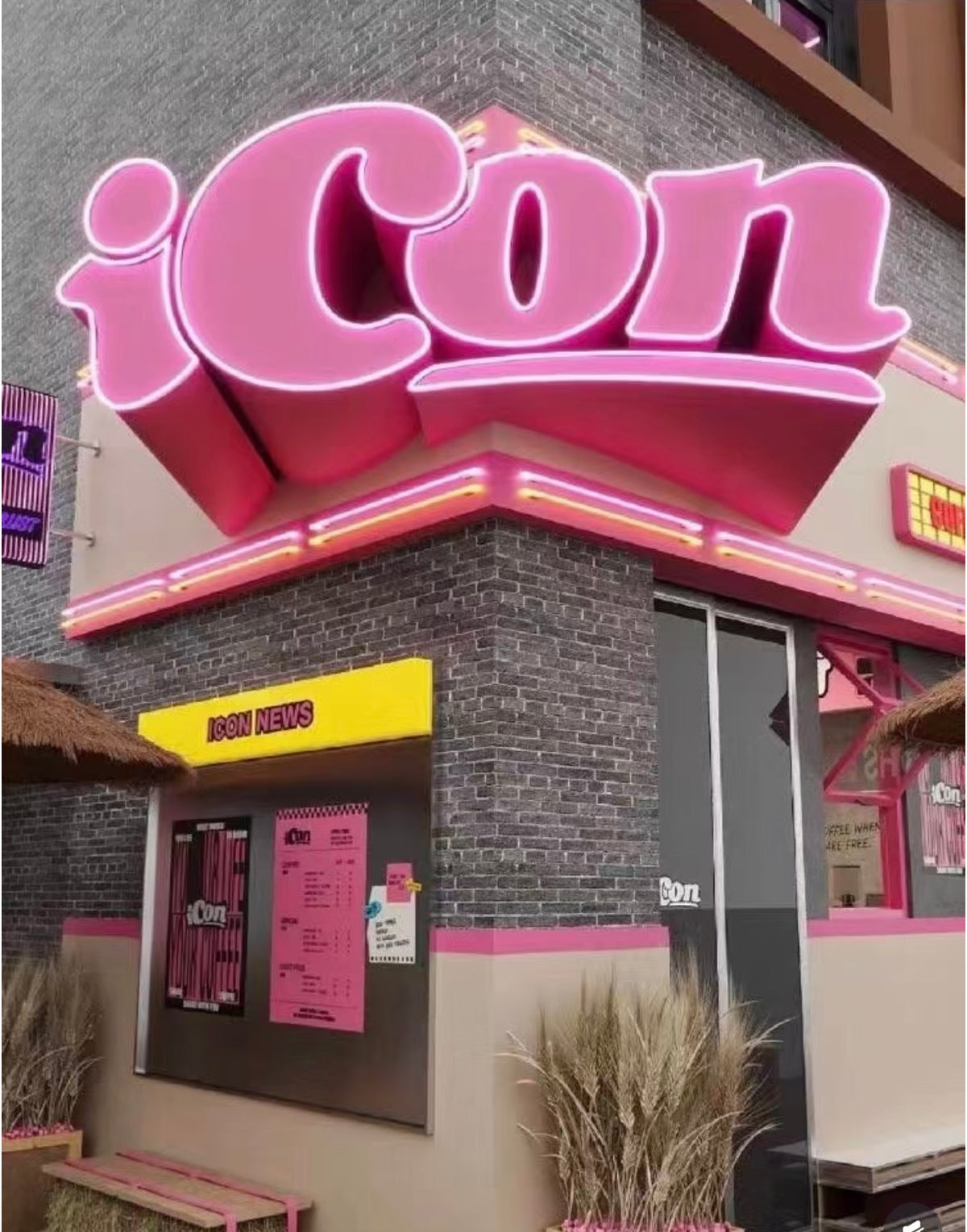 3D corner neon letter signage installed on a building corner for high visibility retail branding.