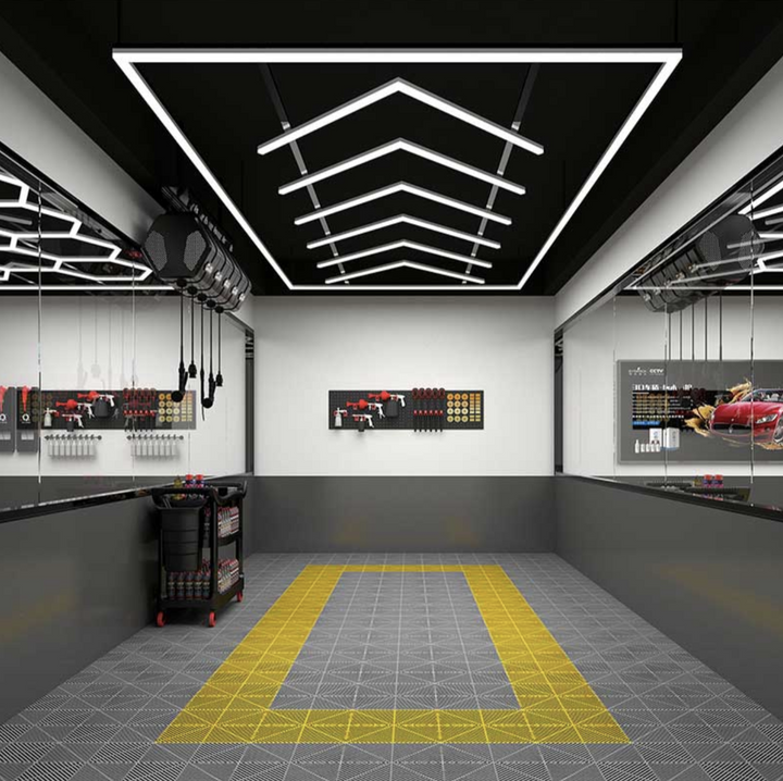 LumiBay Delta 3038 – Geometric LED Ceiling Light for Detailing & Polish Bays