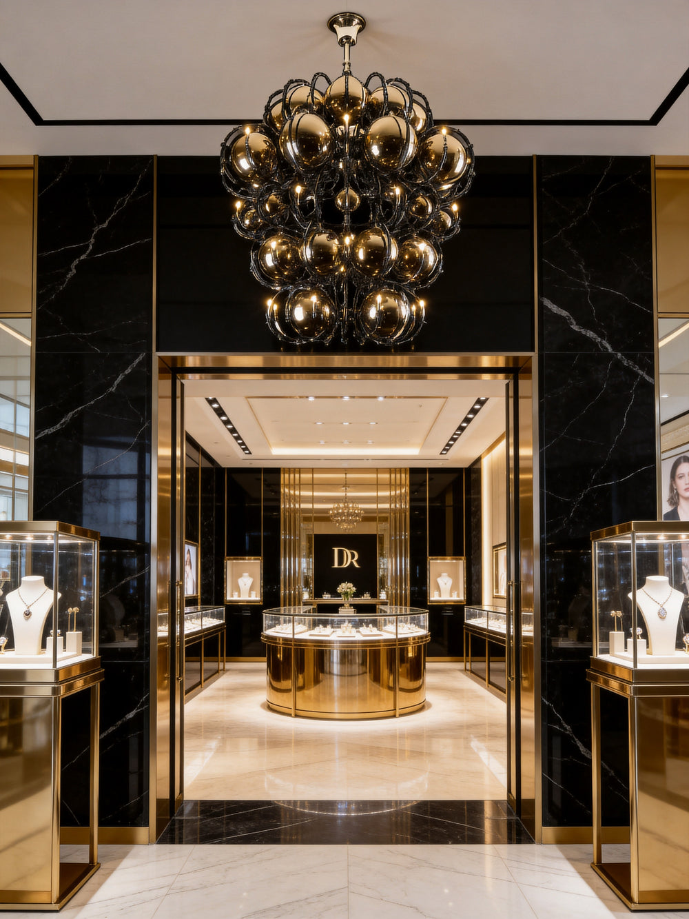 Boom 1600 Chandelier by Lucretia Lighting installed at the entrance of a luxury jewellery boutique, featuring clustered smoked bronze globe pendants with black metalwork frames against black marble and gold interiors