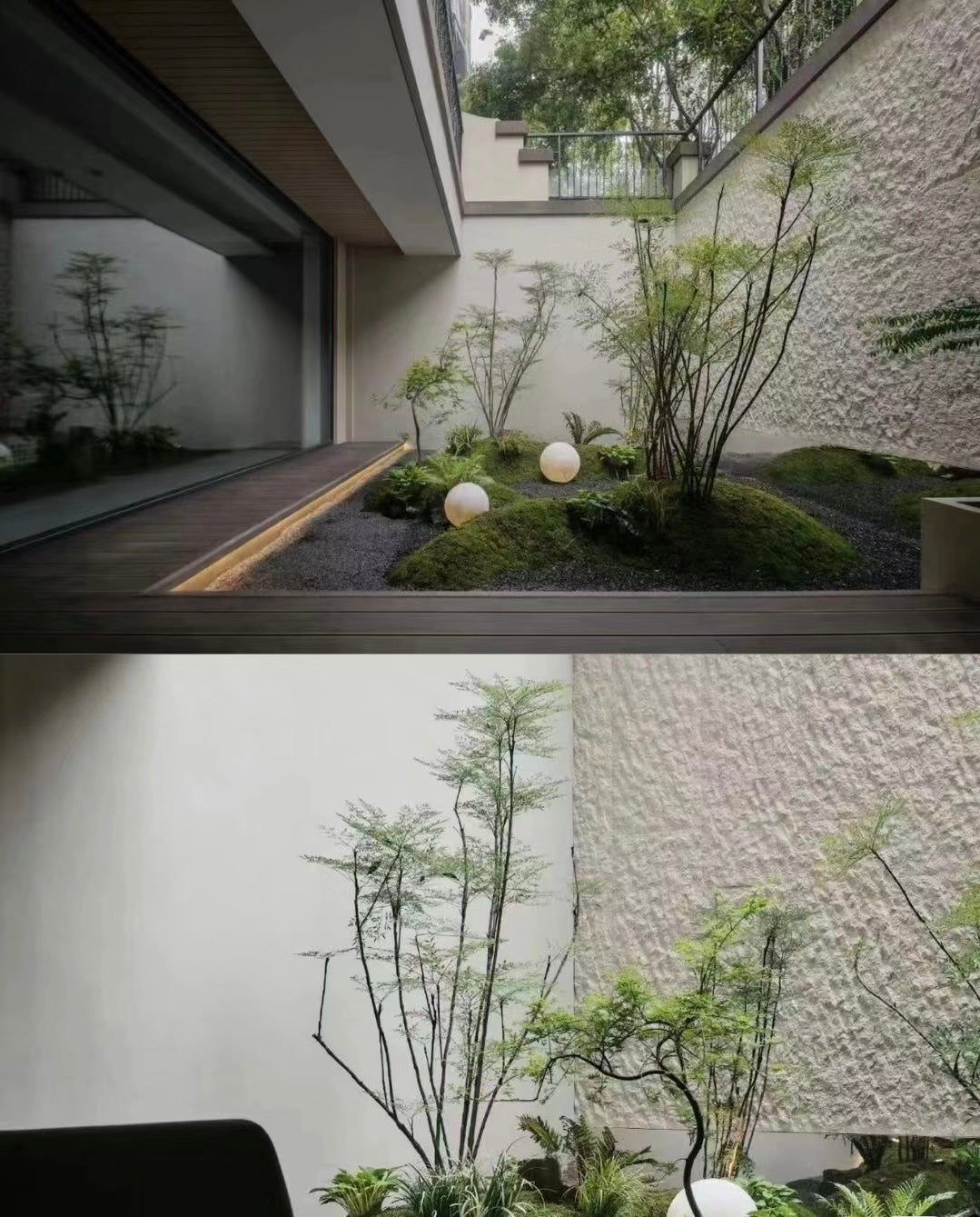 Soft Stone RockEdge textured wall panels applied to exterior and courtyard walls, delivering natural stone aesthetics with architectural depth