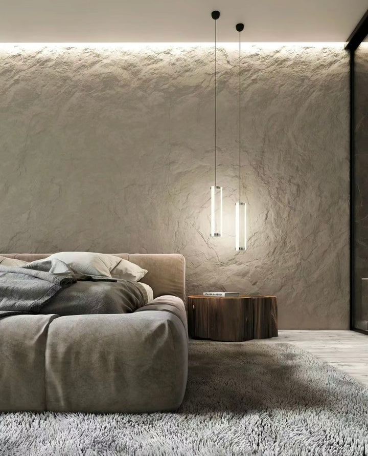 RockEdge stone-textured wall panels creating a dramatic feature wall in a modern interior, showcasing natural rock-inspired surface depth