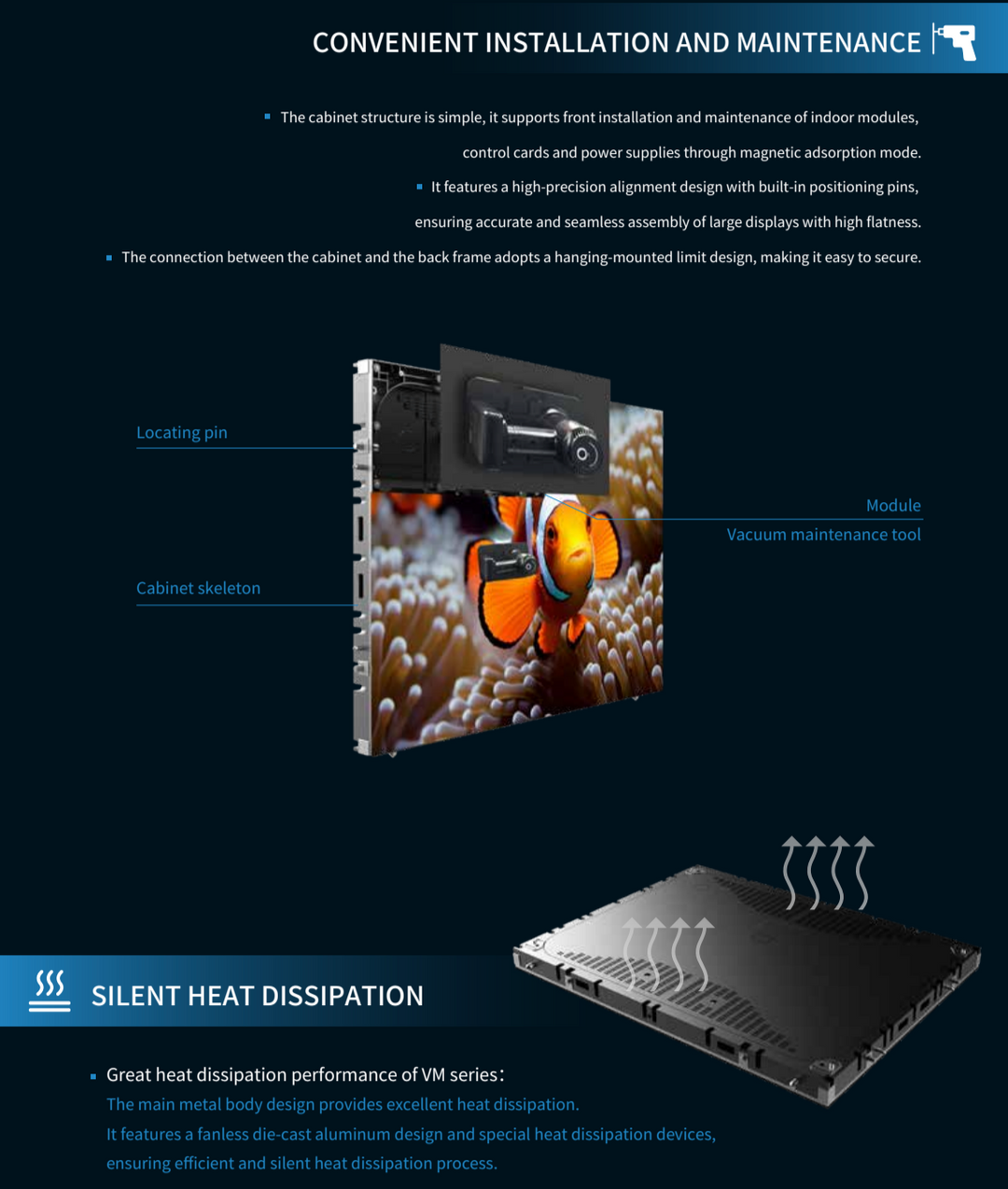 Front service fine pitch LED display module diagram showing magnetic installation, alignment pins and silent aluminium heat dissipation design