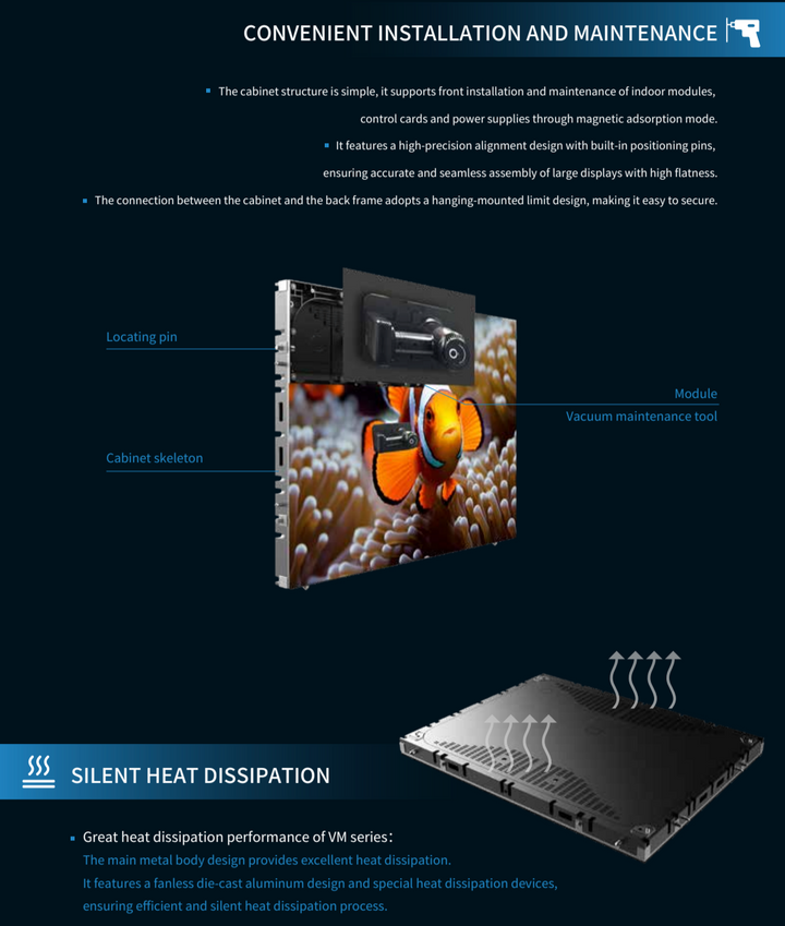 Front service fine pitch LED display module diagram showing magnetic installation, alignment pins and silent aluminium heat dissipation design