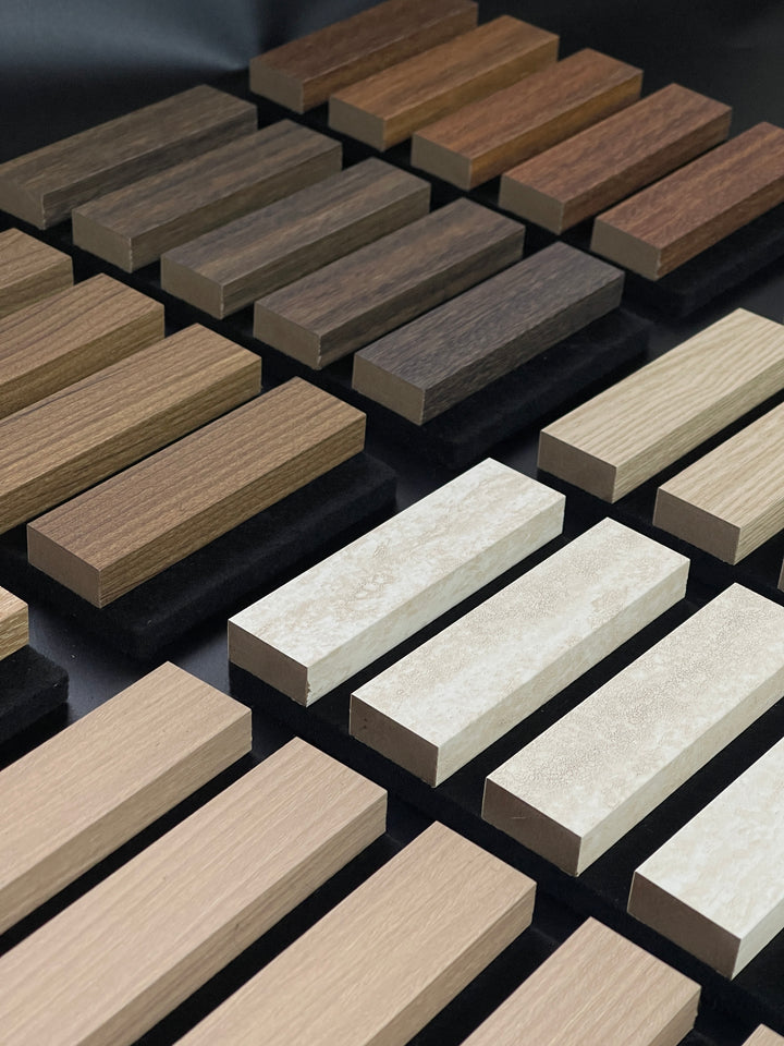 Commercial acoustic slat wall panels with timber and metal finish options in Australia