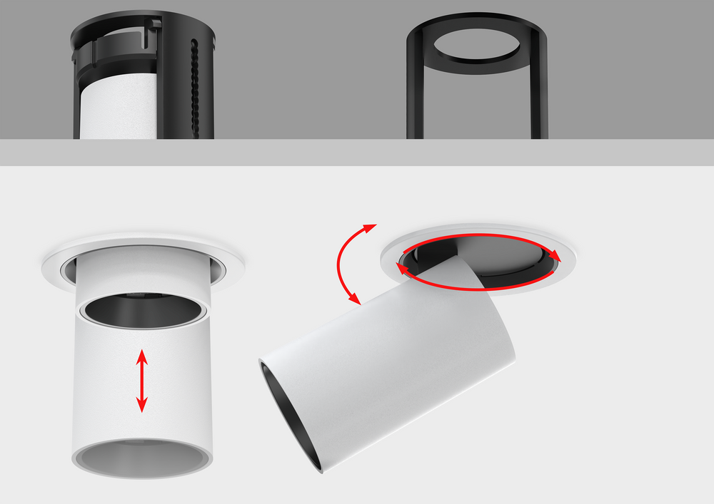 ADAPT Series retractable architectural downlights showcasing the proprietary ADAPT Motion System™ with pull-down adjustment, 355° rotation and 90° tilt for precision architectural lighting.