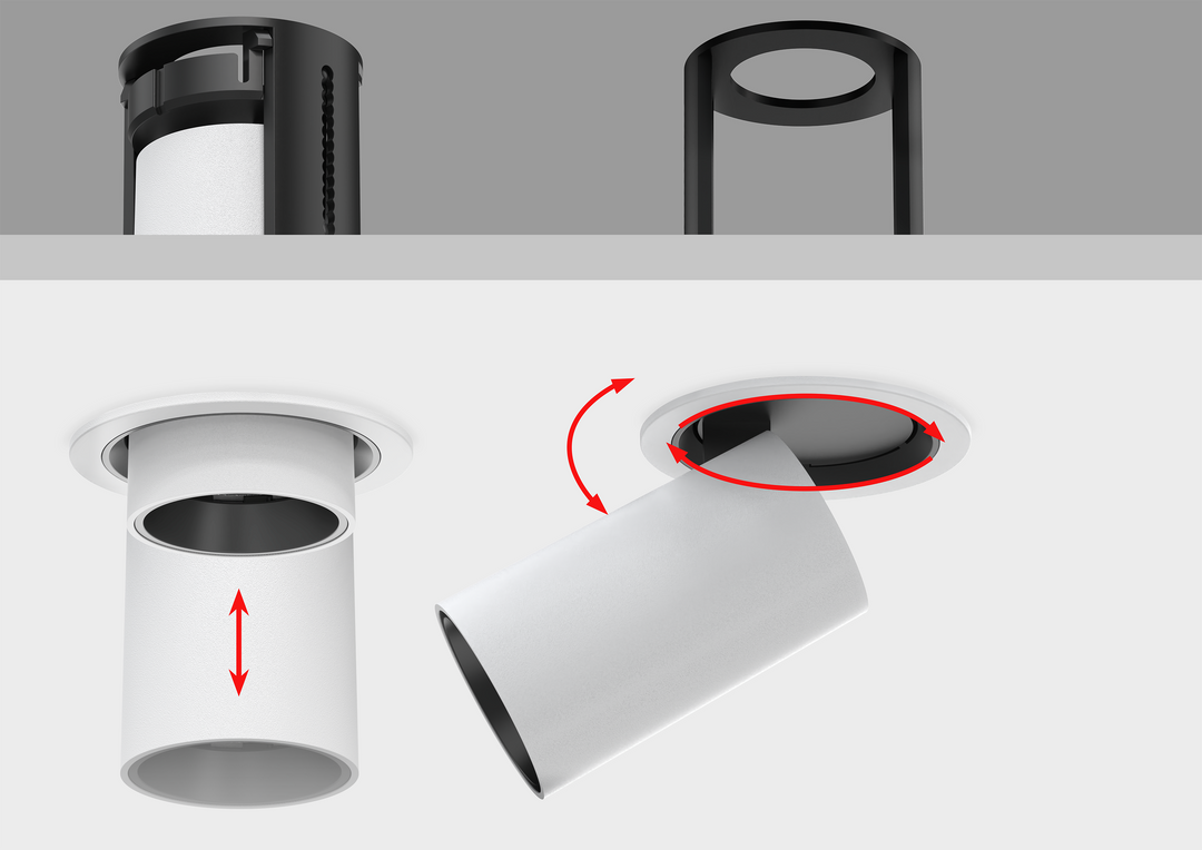 ADAPT Series retractable architectural downlights showcasing the proprietary ADAPT Motion System™ with pull-down adjustment, 355° rotation and 90° tilt for precision architectural lighting.
