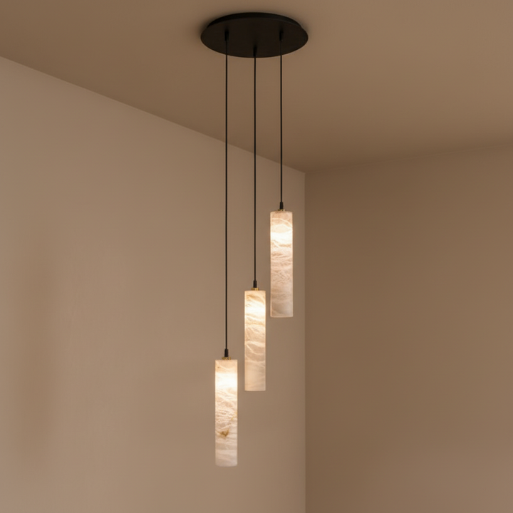 Alabaster Column multi-drop cluster pendant light for double-height and foyer lighting
