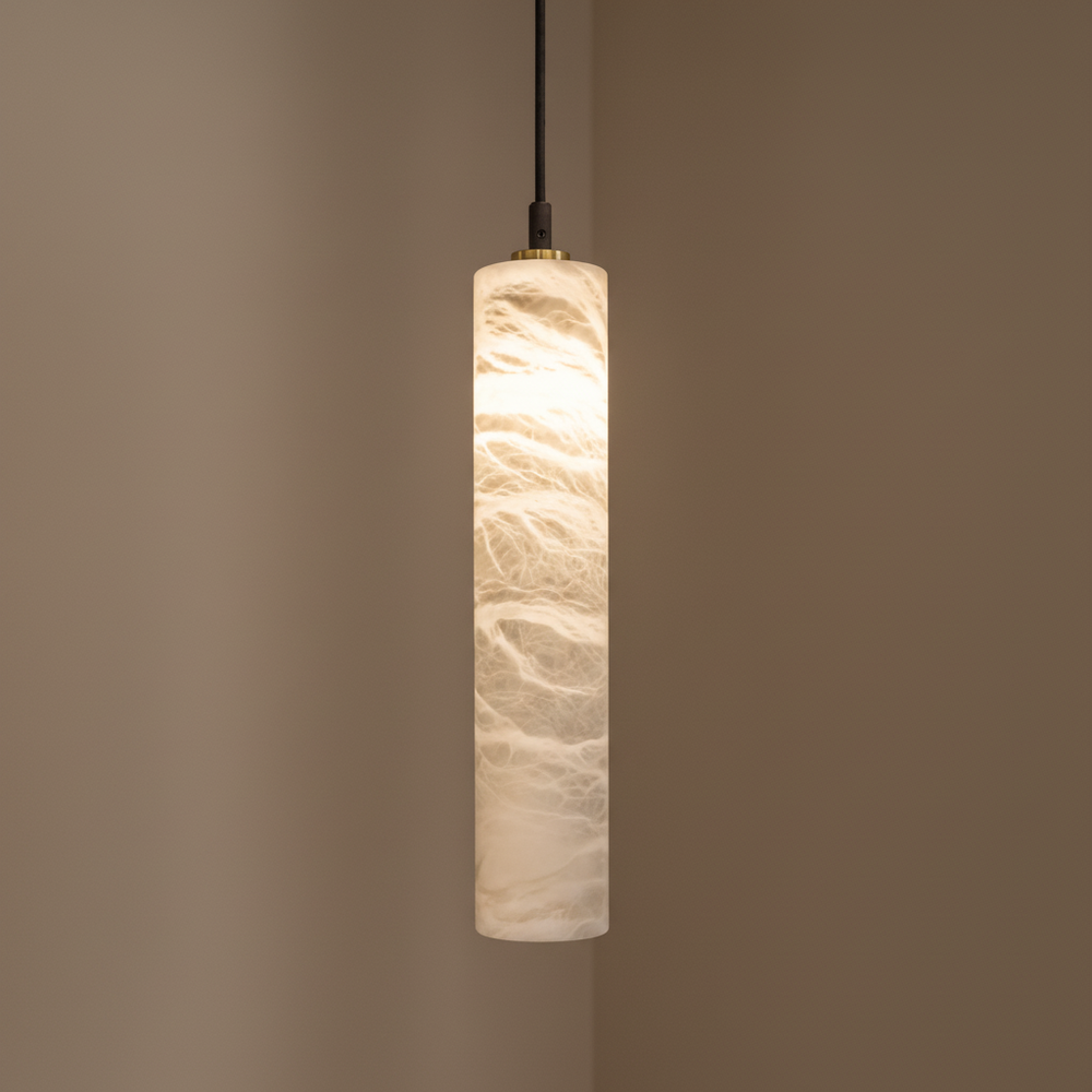 Close-up of Alabaster Column pendant light crafted from authentic Spanish alabaster stone
