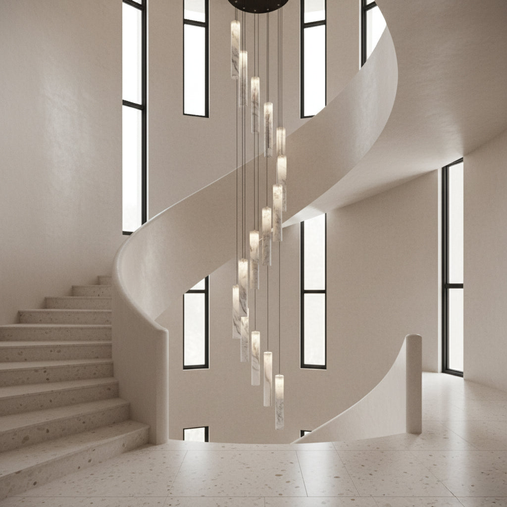 Alabaster Column pendant light installed as multi-drop stair void lighting in modern double-height interior
