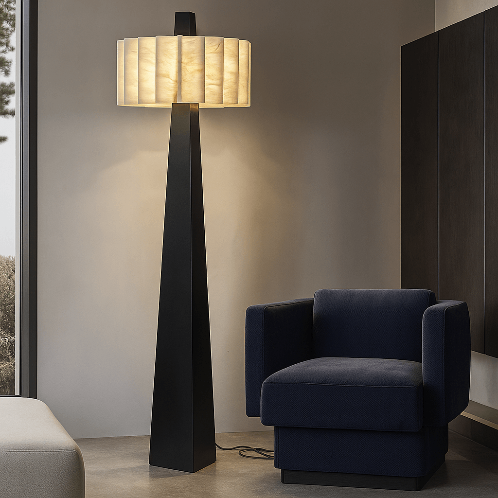 Alabaster Grandeur Floor Lamp providing warm alabaster glow in a modern living room.