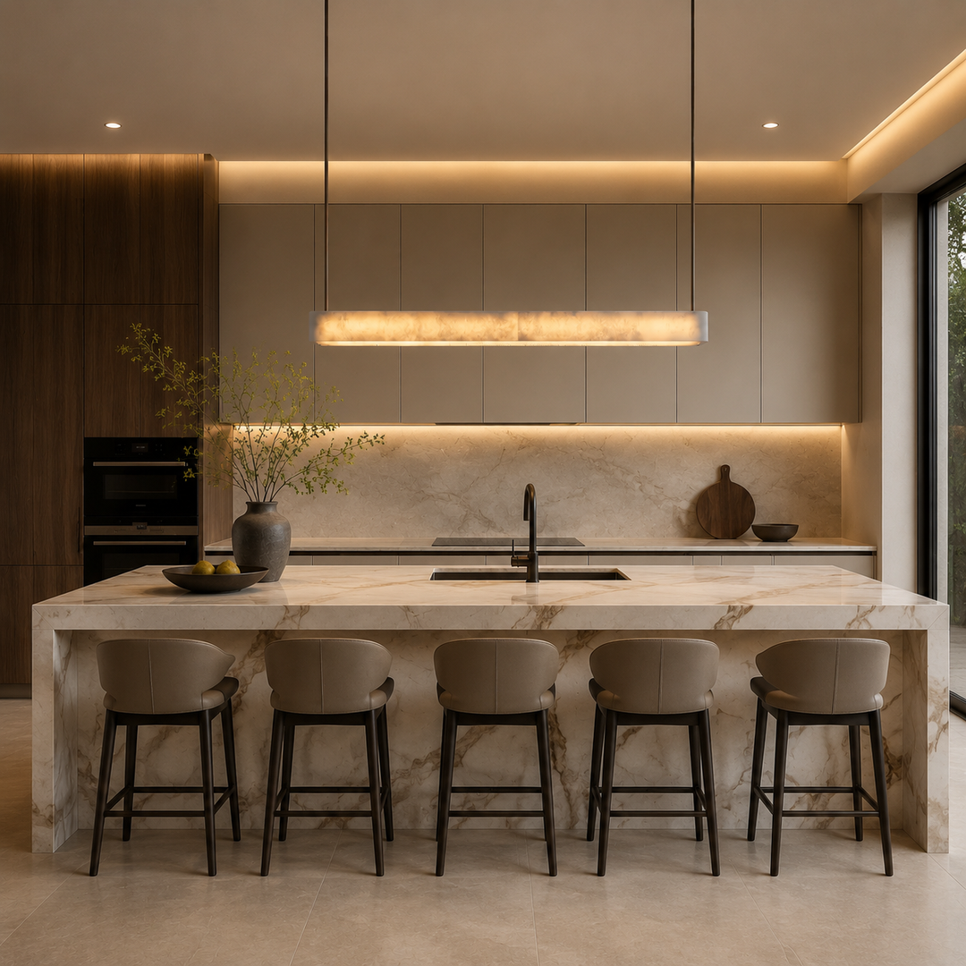 Luxury alabaster linear pendant light above a kitchen island, handcrafted natural stone LED pendant lighting for modern kitchens, dining spaces and contemporary luxury interiors.