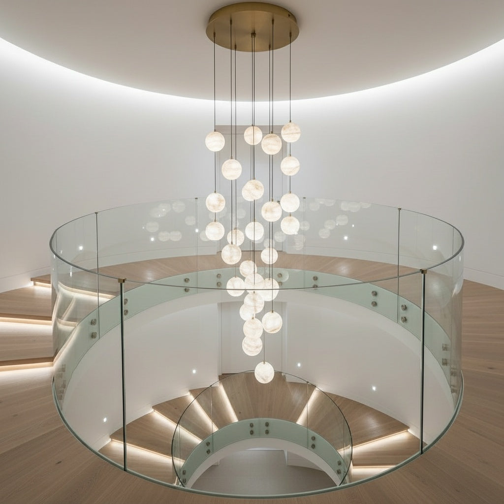 Half Moon alabaster pendant light installed in stair void as cascading multi-drop feature