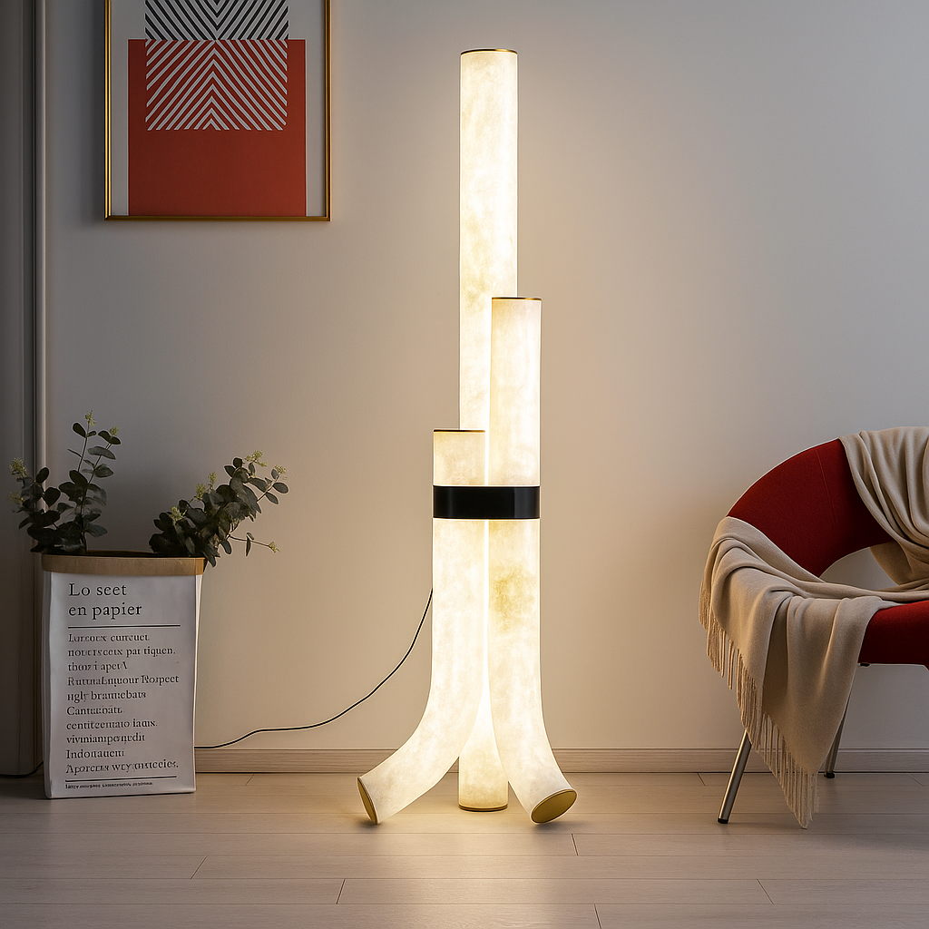 Alabaster Regal Floor Lamp providing warm alabaster illumination in a modern living room.