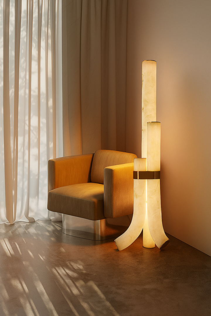 Alabaster Regal Floor Lamp with sculptural alabaster segments creating a warm ambient glow.