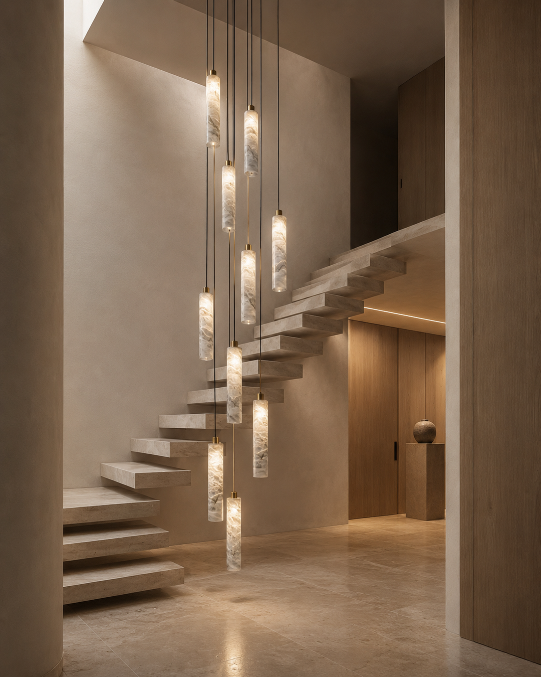 Luxury alabaster staircase pendant light installation featuring handcrafted natural stone pendants suspended beside a floating limestone staircase in a contemporary private residence.