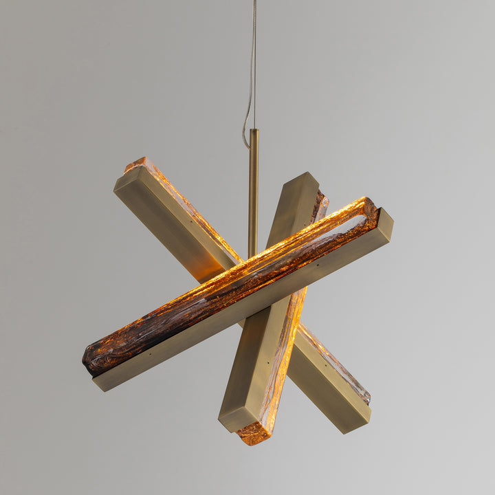 Brushed brass pendant light with amber textured glass, Running Water 3