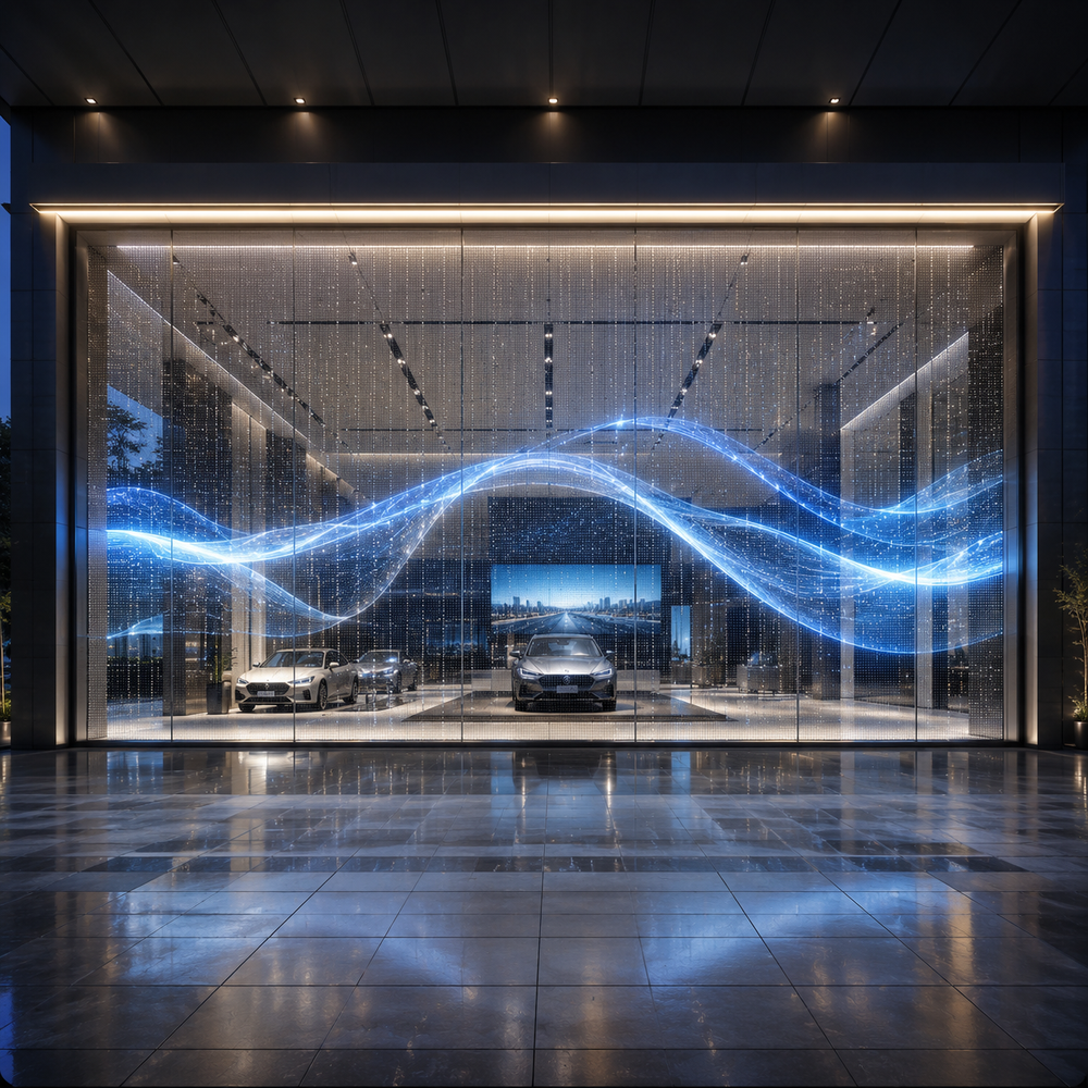 Architectural transparent LED glass display installed in a luxury automotive showroom facade