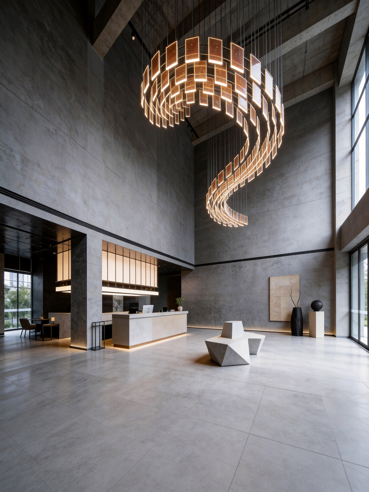 Architectural pendant lighting installation designed for large void spaces and contemporary commercial interiors.
