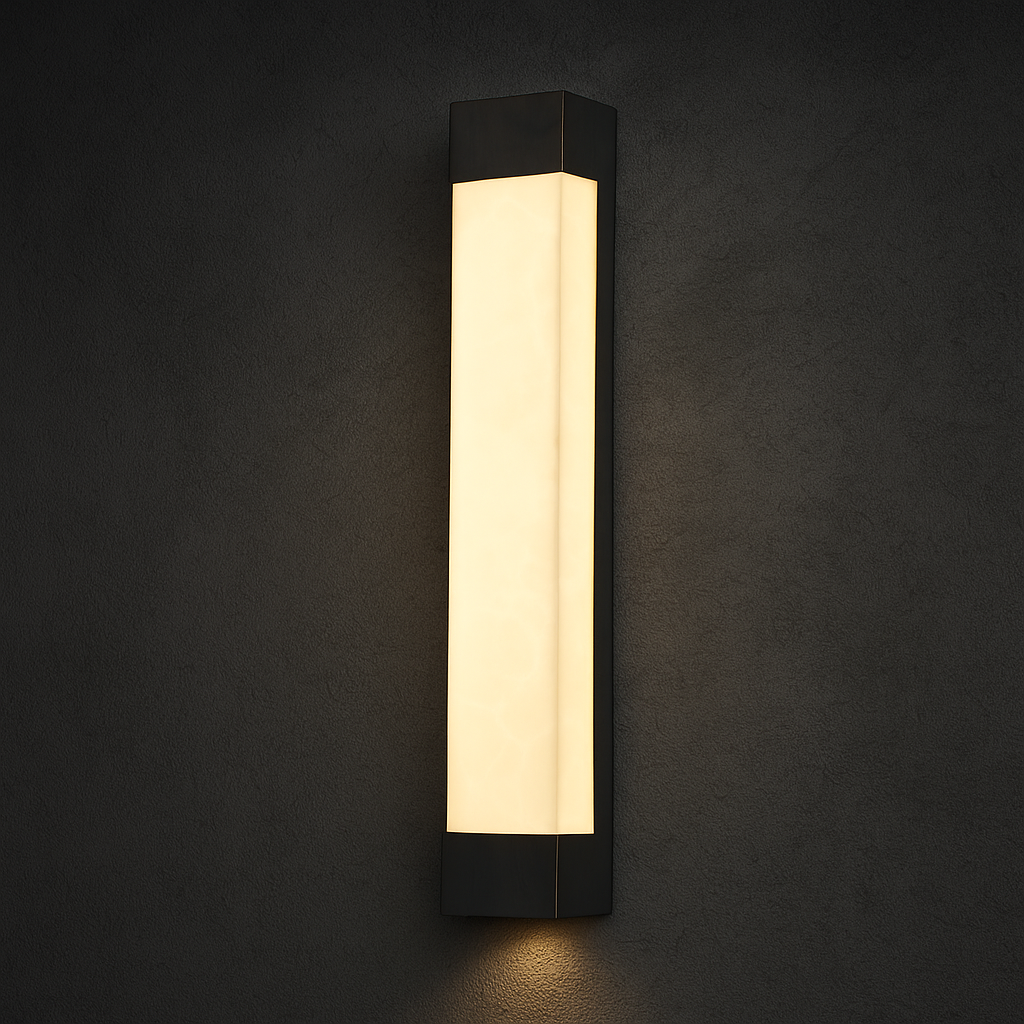 Arden brass outdoor wall light with a minimalist rectangular profile and warm faux alabaster glow in a front view.