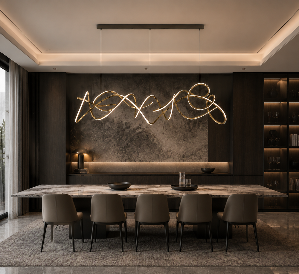 Artem bespoke sculptural linear pendant light suspended above a contemporary dining table in a luxury residential interior.