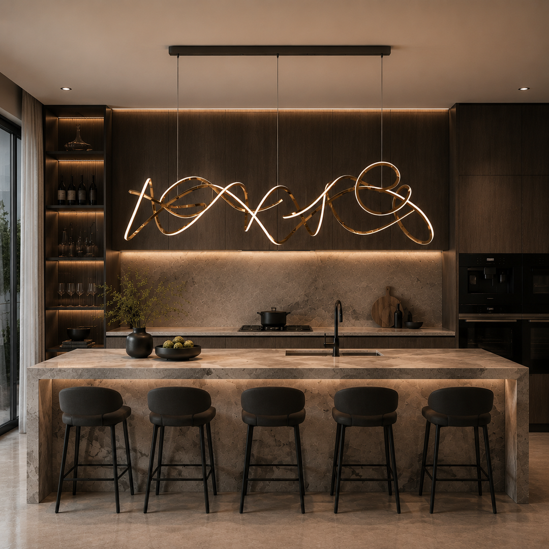 Artem custom sculptural linear pendant light suspended above a luxury kitchen island, featuring flowing handcrafted metalwork, integrated LED lighting and contemporary architectural design.