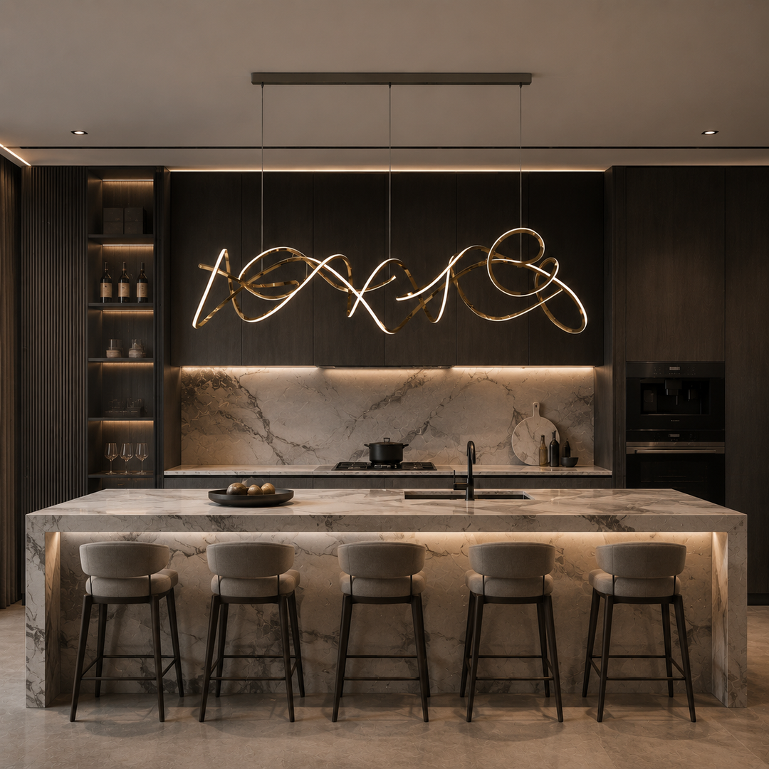Modern kitchen featuring the Artem designer sculptural linear pendant light above a premium stone kitchen island with warm architectural lighting.