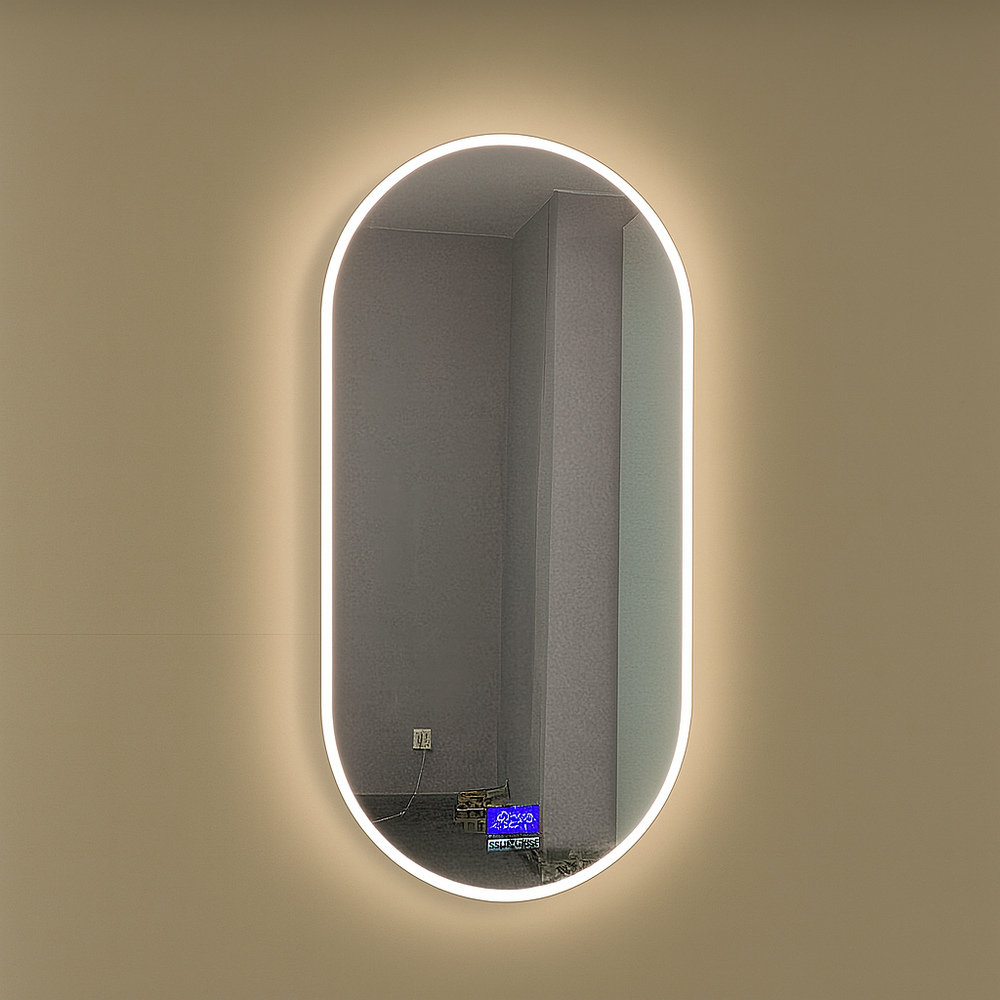 Aurora oval LED mirror with front-lit halo lighting and digital touch controls.