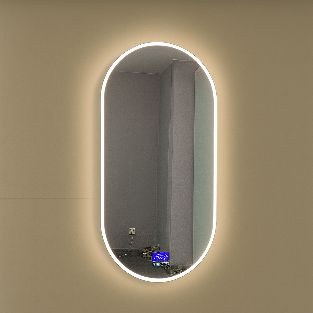 Aurora oval LED mirror with front-lit halo lighting and digital touch controls.