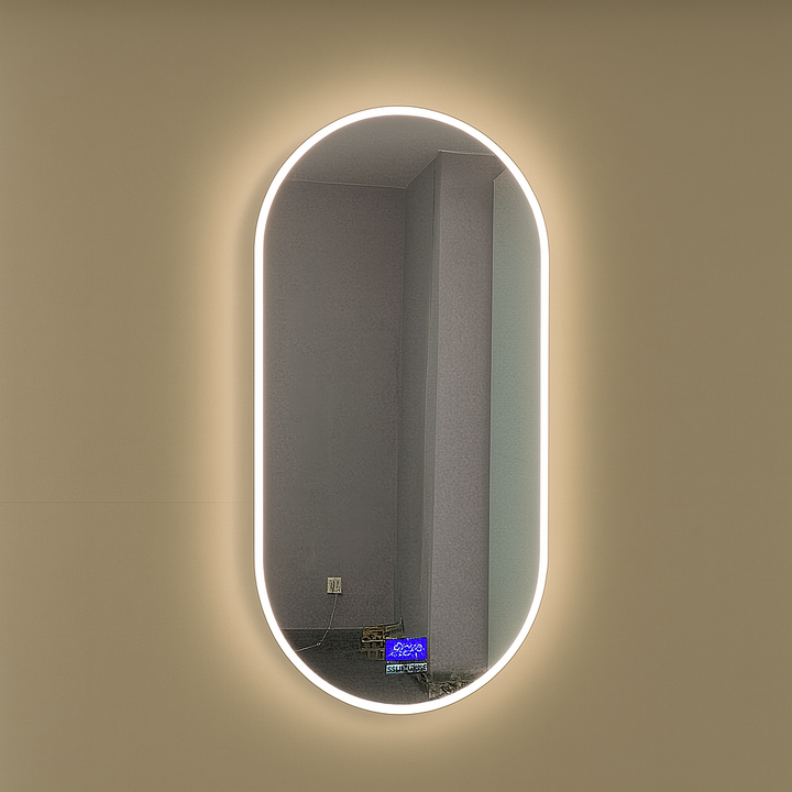 Aurora oval LED mirror with front-lit halo lighting and digital touch controls.