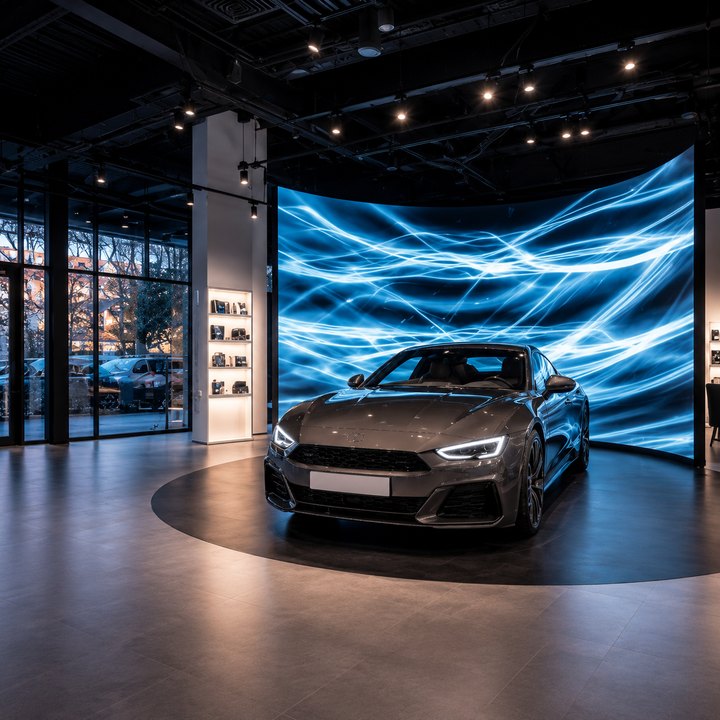 Curved LED Display in Automotive Showroom with Immersive Digital Backdrop
