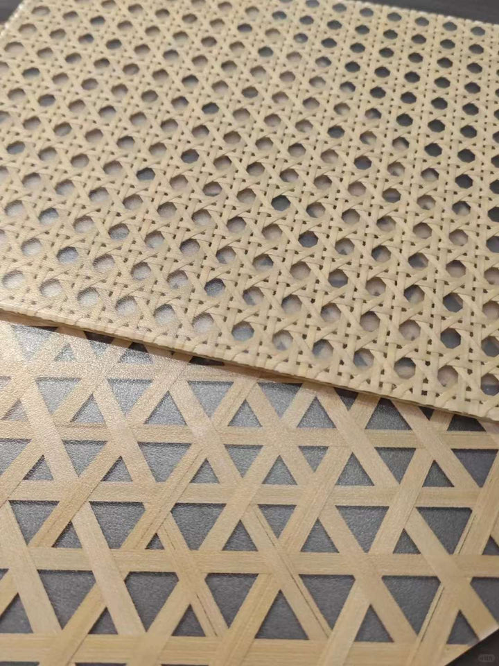 Layered bamboo weave resin board panels showing structural detail and patterned surface for decorative wall applications