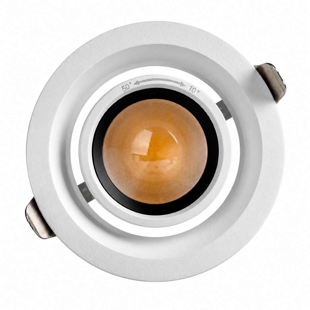 Front view of the BEAM 75 adjustable beam architectural downlight with precision optical lens and matte white finish.