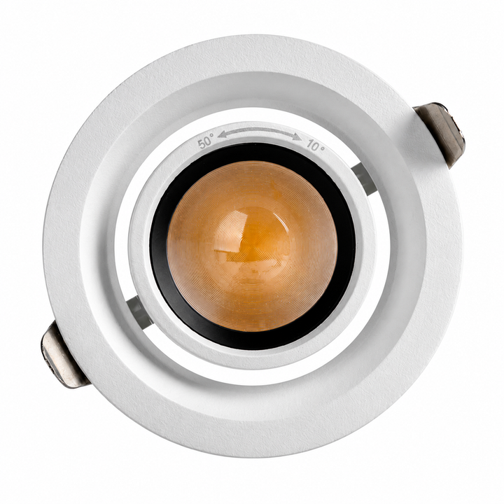 Front view of the BEAM 75 adjustable beam architectural downlight with precision optical lens and matte white finish.
