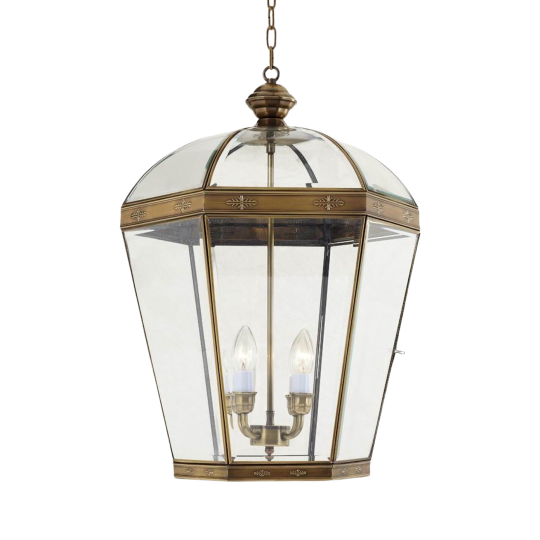 Belle Époque brass pendant lamp with clear glass panels for indoor and outdoor lighting.
