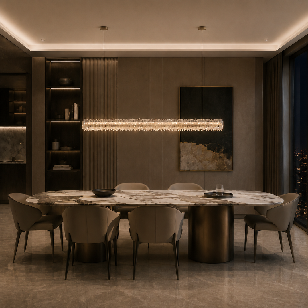 Belo Glacia double layer crystal linear pendant light suspended above a contemporary dining table in a luxury residential interior.