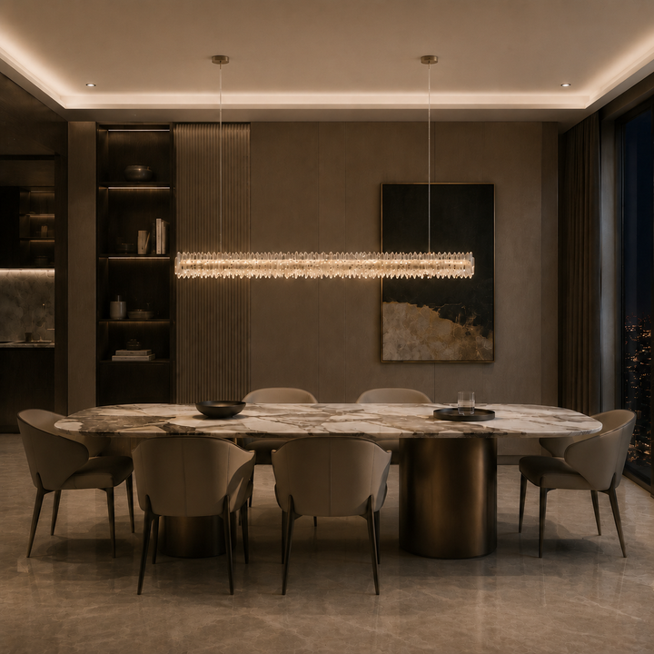 Belo Glacia double layer crystal linear pendant light suspended above a contemporary dining table in a luxury residential interior.