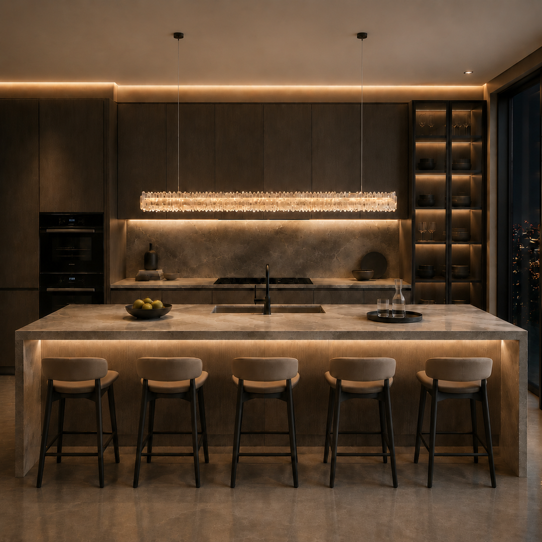 Belo Glacia double layer crystal linear pendant light suspended above a luxury kitchen island, featuring handcrafted South American crystal, integrated LED lighting and contemporary architectural design.