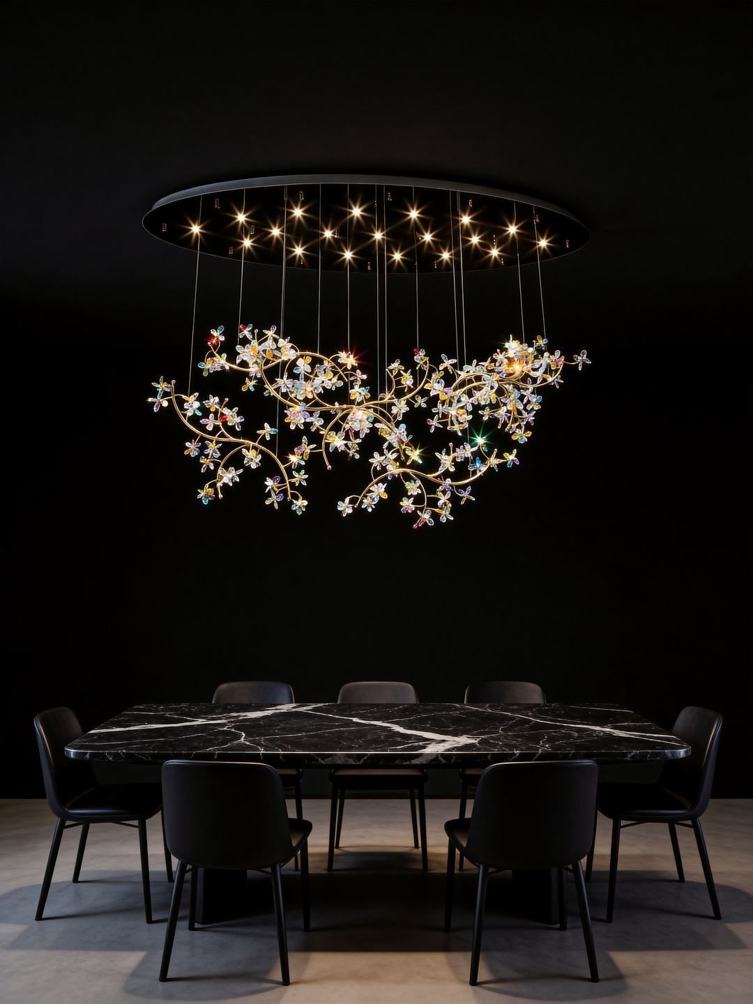 Bespoke crystal void chandelier featuring suspended floral crystal lighting for modern commercial interiors and luxury architectural spaces.