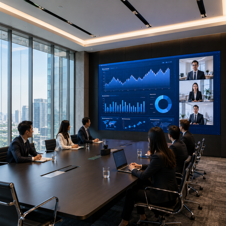 Fine pitch corporate LED display used for presentations and video conferencing in an executive boardroom