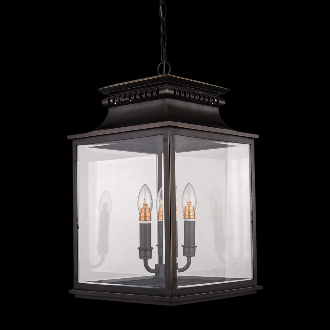 Bordeaux brass outdoor pendant lamp with clear glass panels and classic hanging lantern design.