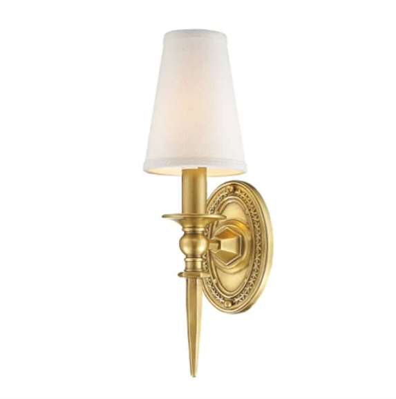 side view of boston brass wall lamp showing brass base and fabric shade elegant bedside wall light for modern and traditional interiors