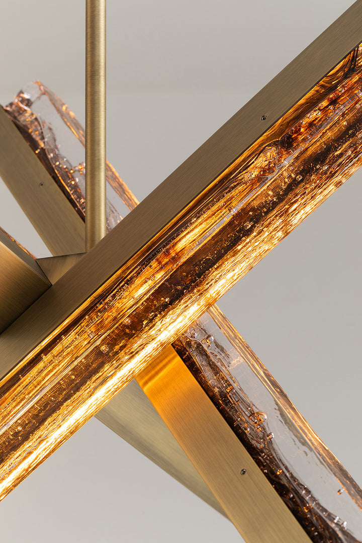 Detail of brushed metal frame and textured glass in pendant light, Running Water 3