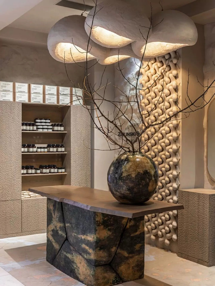 Cascade foam ceramic 3D wall blocks creating an architectural interior feature