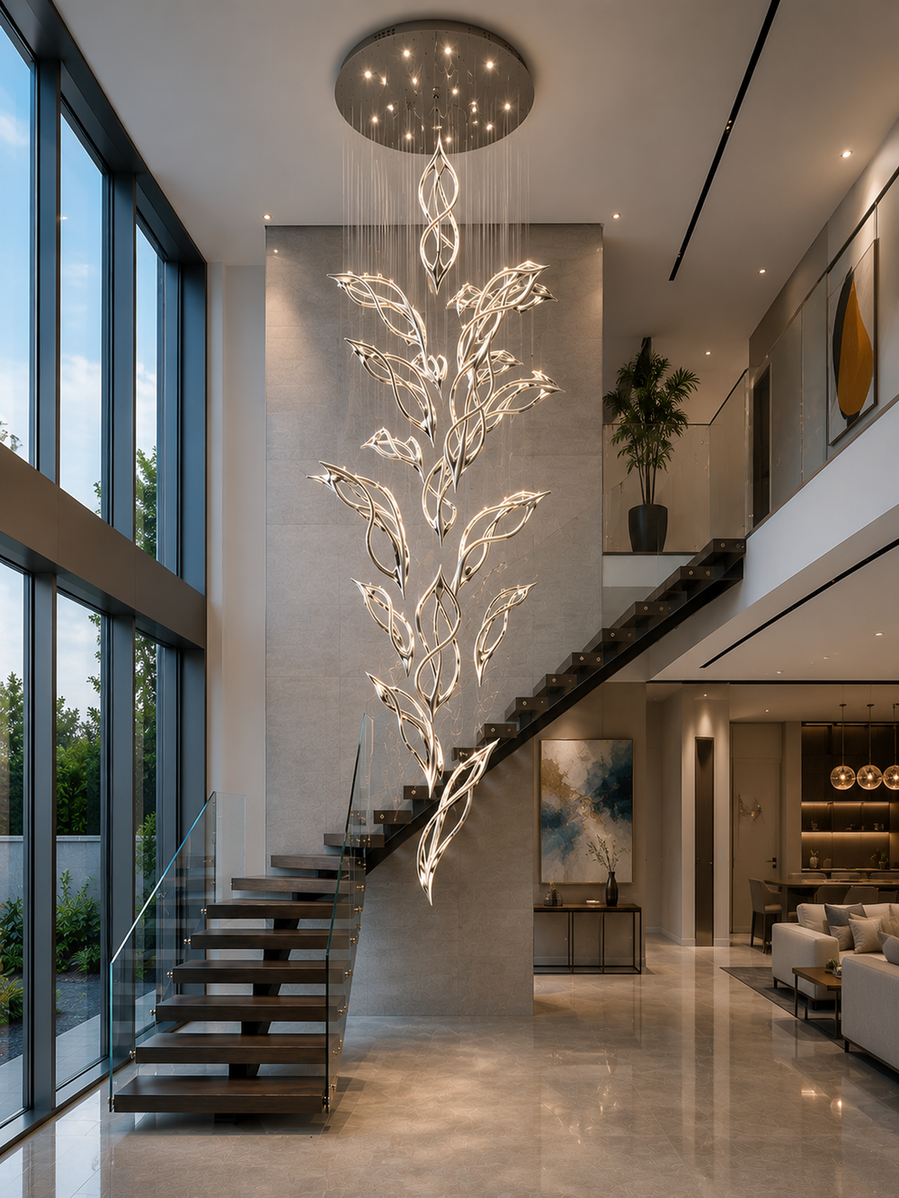 Cascading leaf sculptural staircase pendant light in a luxury residential double-height void with floating staircase, glass balustrade and floor-to-ceiling glazing, Flora Cascade by Lucretia
