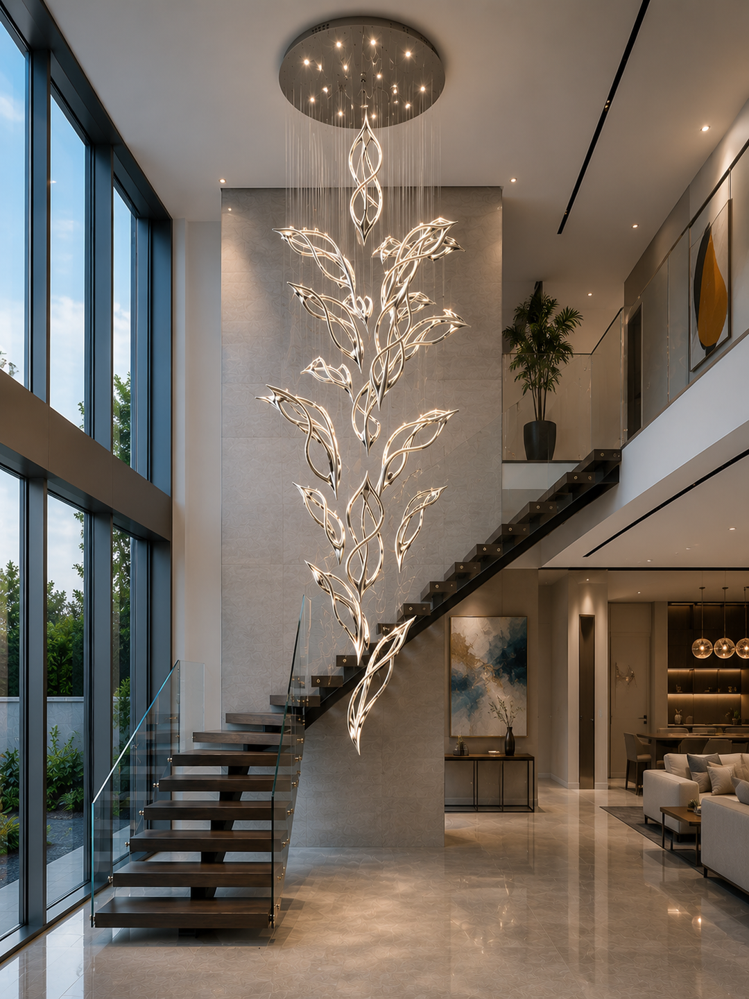 Cascading leaf sculptural staircase pendant light in a luxury residential double-height void with floating staircase, glass balustrade and floor-to-ceiling glazing, Flora Cascade by Lucretia