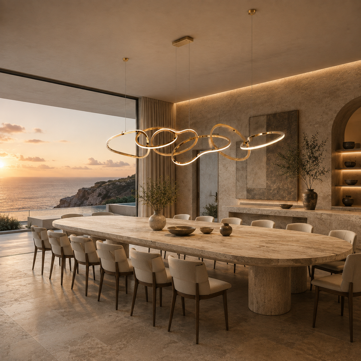 Ceaseless linear LED pendant light above a contemporary dining table with sculptural interlinked rings