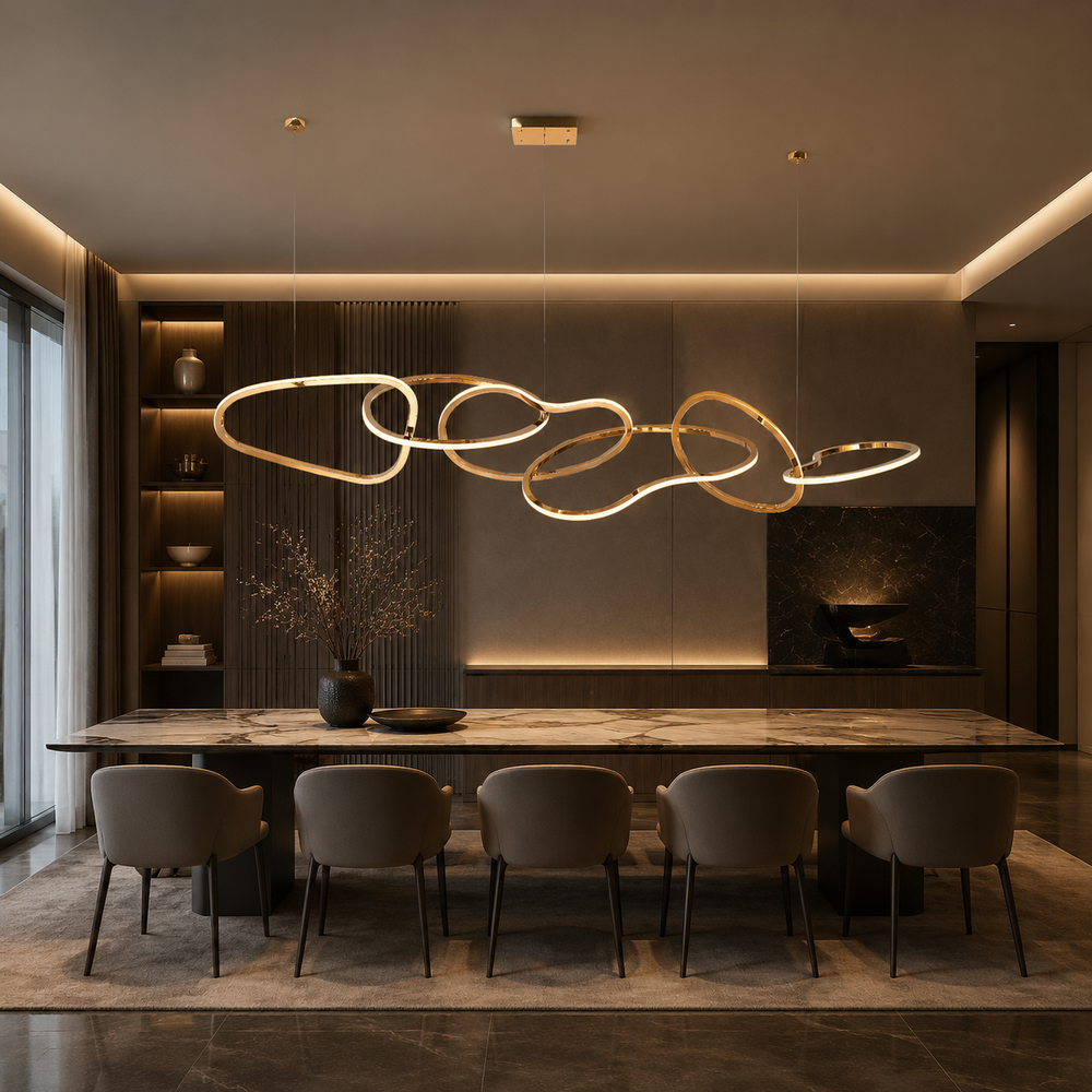 Sculptural linear pendant light with illuminated LED rings above a modern dining table